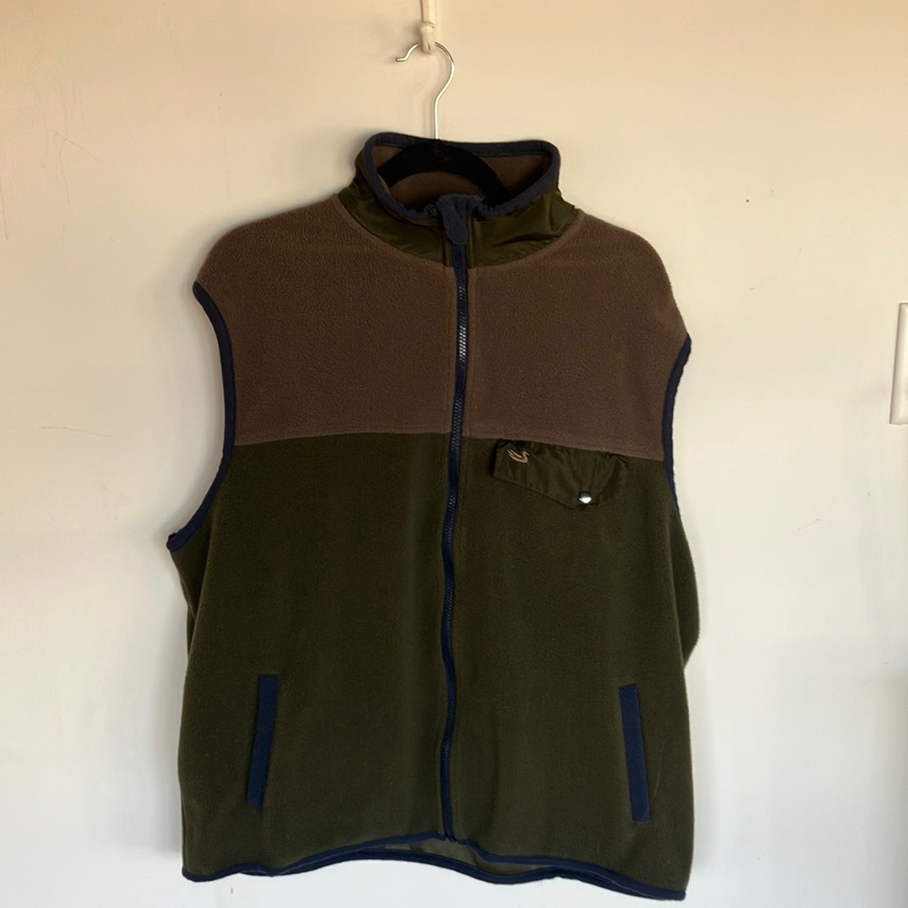 Southern Marsh Men’s XL FieldTec Snap Fleece Vest in hunter green, blue and tan